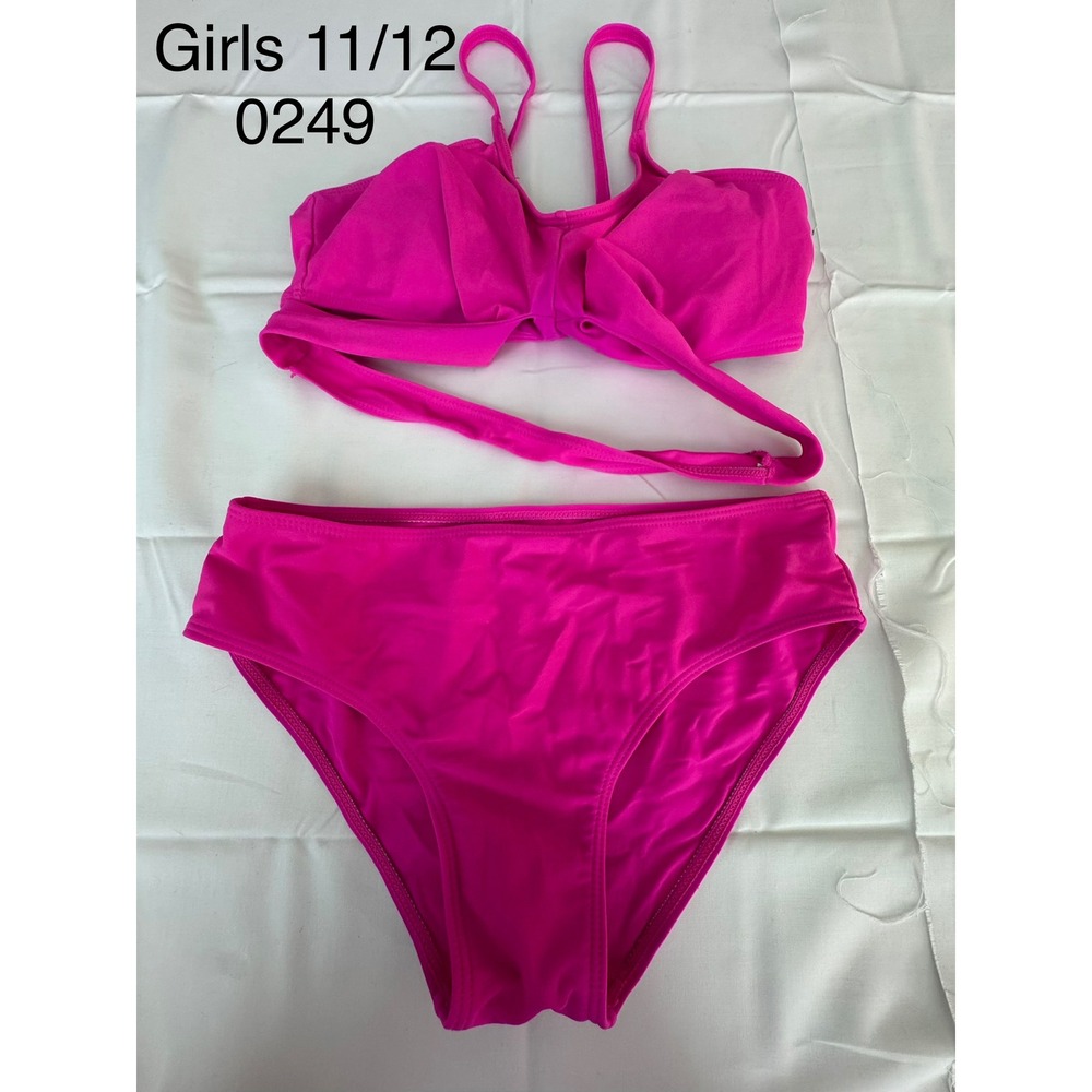 Girls Hot Pink Two Piece Bikini Swimsuit Wrap Top High Waist Size 11/12